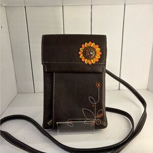 CHALA Brown Leather Crossbody Bag with Floral Design